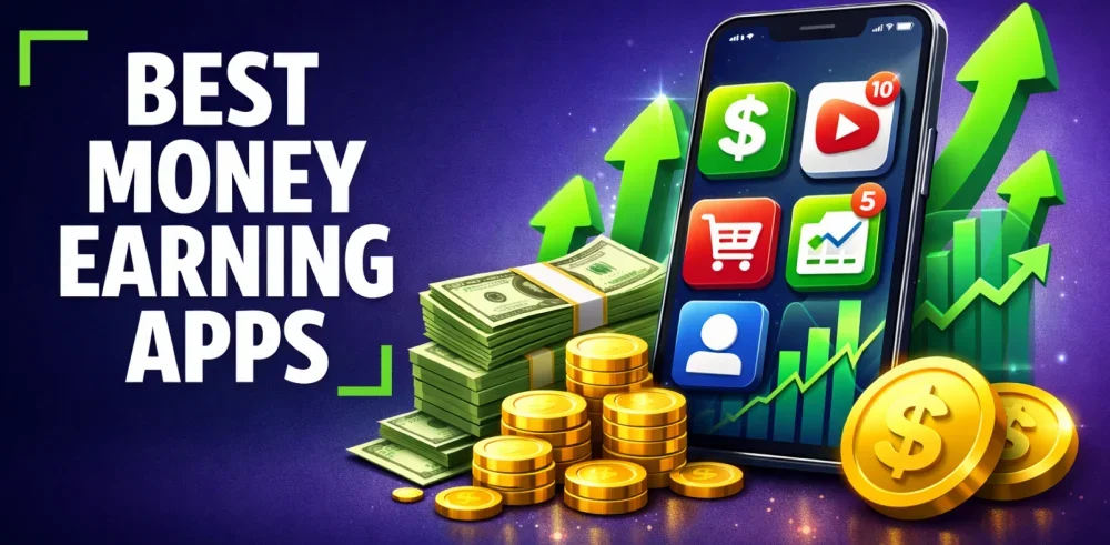 Best money earning apps — phone showing earning app icons with cash and gold coins