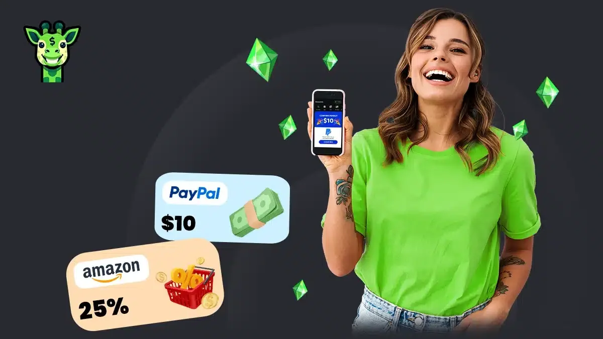 Cash Giraffe app — woman holding phone showing PayPal $10 payout and Amazon rewards