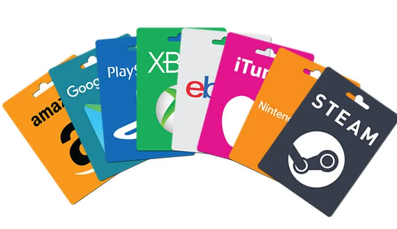 Fan of gift cards including Amazon, Google Play, Xbox, eBay, iTunes, Nintendo, and Steam